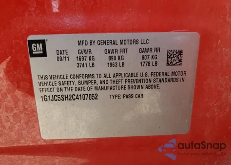 2012 Chevrolet Sonic Lt from USA, damaged, VIN 1G1JC5SH2C4107052